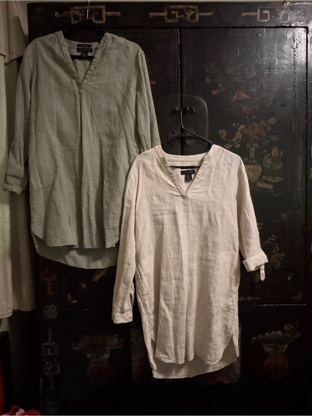 Tahari womens Casual Linen-Blend Button dress Tunics - Light Cream & Pale Sage